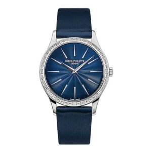 Calatrava 4897/300G-001 Joaillerie Guilloched Night Blue Dial Baguette Cut Bezel 33Mm 18K White Gold Midnight Blue Satin Strap