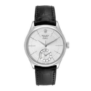 Cellini Dual Time White Gold Silver Guilloche Index Dial Domed & Fluted Double Bezel Black Leather Bracelet
