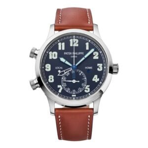 Complications Calatrava 5524G-001 Pilot Travel Time White Gold Vintage Brown Leather Straps Blue Dial