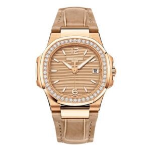 Nautilus 7010R-012 Golden Index Dial Diamond-Set Bezel 32Mm 18K Rose Gold Beige Leather Straps