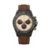 Luxury carbon-style chronograph watch with cream dial, gold-tone details, and brown fabric strap