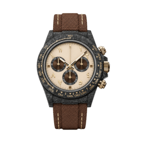 Luxury carbon-style chronograph watch with cream dial, gold-tone details, and brown fabric strap